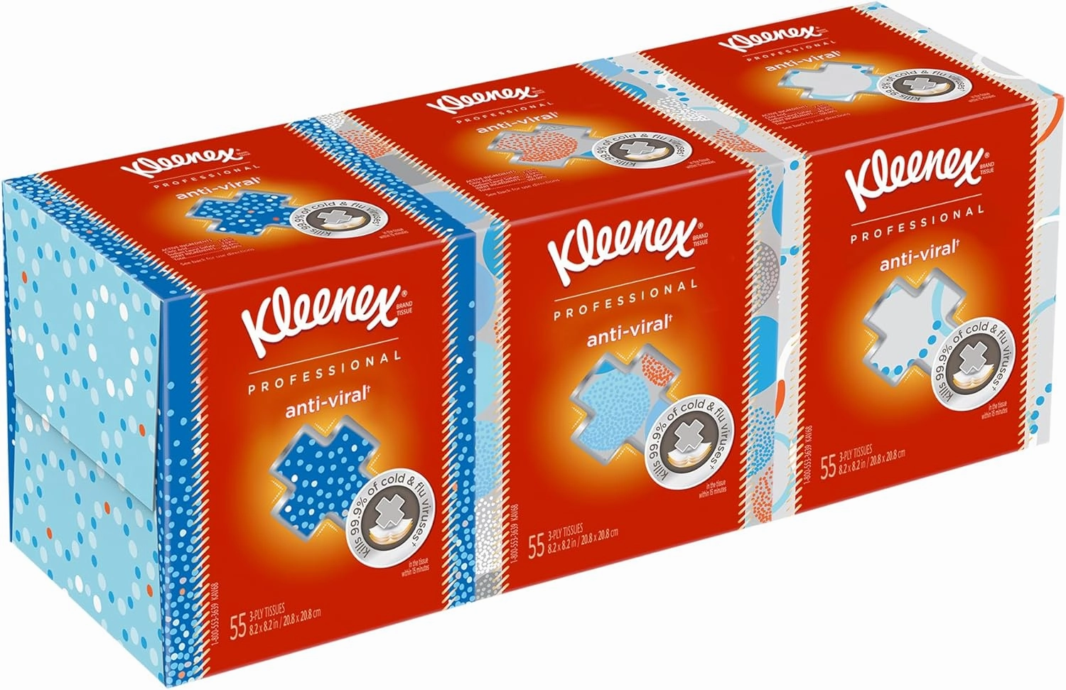 Kleenex Professional Anti-Viral Facial Tissue, Bulk (21286), 3-Ply, White, Upright Cube Boxed Format, Designed for Business (55 Tissues/Box, 3 Boxes)