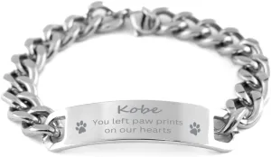 Kobe You Left Paw Prints On Our Hearts Cuban Chain Stainless Steel Bracelet - Loss of Pet Remembrance ID Plate Bracelet Dog Cat Pet Paw Pet Lover Memorial Gifts For Men Women, Engraved Adjustable