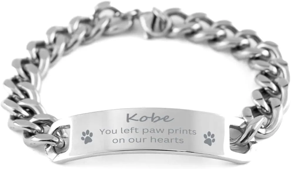 Kobe You Left Paw Prints On Our Hearts Cuban Chain Stainless Steel Bracelet - Loss of Pet Remembrance ID Plate Bracelet Dog Cat Pet Paw Pet Lover Memorial Gifts For Men Women, Engraved Adjustable