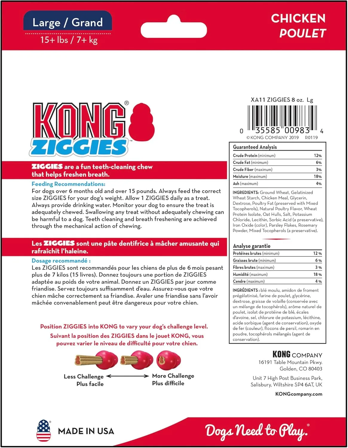KONG Classic Toy & Ziggies Treats Combo Pack - Durable Chew Toy for Dogs - with Ziggies Chicken-Flavored Treats - Dog Accessories for Fun & Health - for Large Dogs