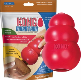 KONG Classic Stuffable Dog Toy & KONG Marathon Peanut-Butter-Flavored Treats (2 Pack) - Fetch & Chew Toy for Dogs - With Dog Toy Filler Treat - For Hours of Fun & Enrichment - For Medium Dogs