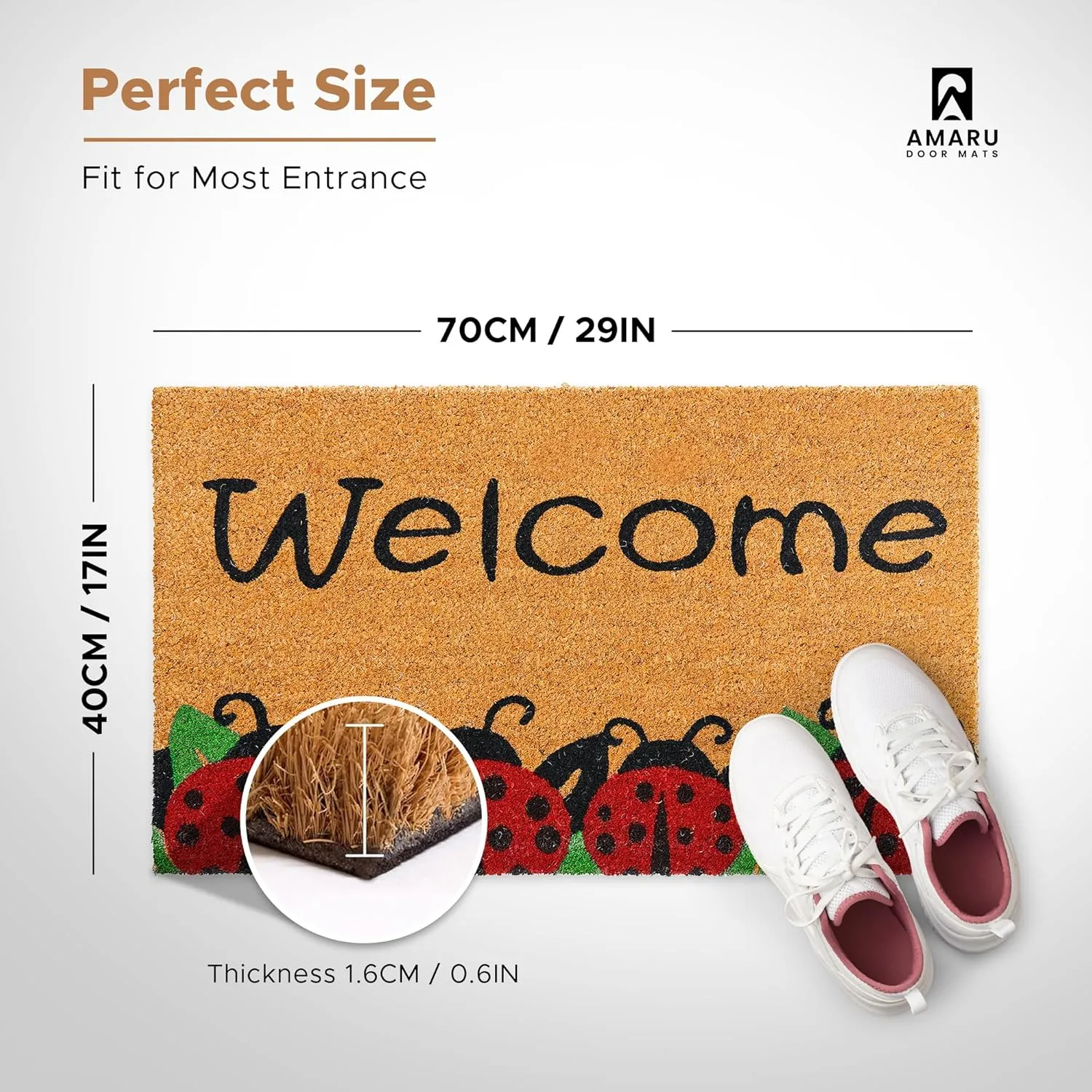 Ladybugs - 29"x17" - Coir Door Mat with Heavy Duty Backing - Welcome Mats for Entryway, Porch - Anti-Slip PVC & Coconut Fiber Surface - Natural Home Accessories, Minimalist Original Design