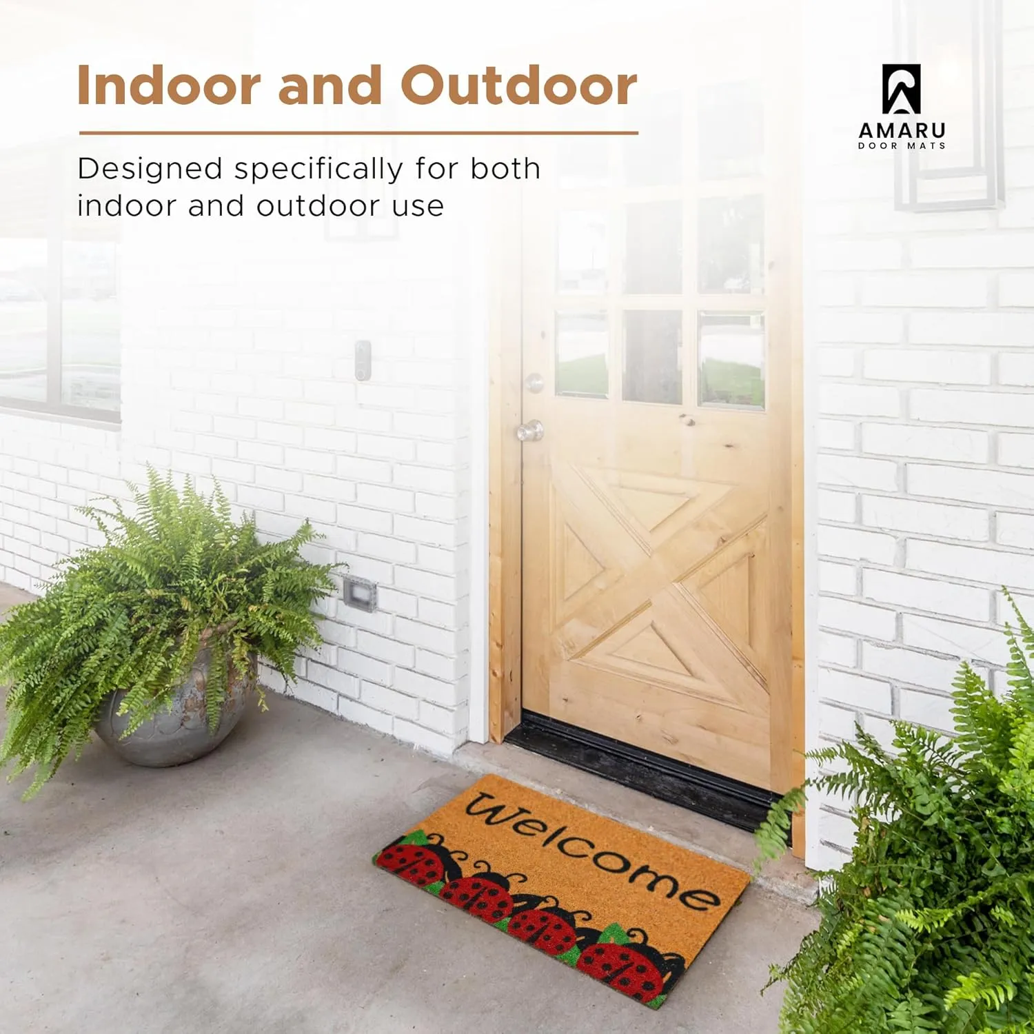 Ladybugs - 29"x17" - Coir Door Mat with Heavy Duty Backing - Welcome Mats for Entryway, Porch - Anti-Slip PVC & Coconut Fiber Surface - Natural Home Accessories, Minimalist Original Design
