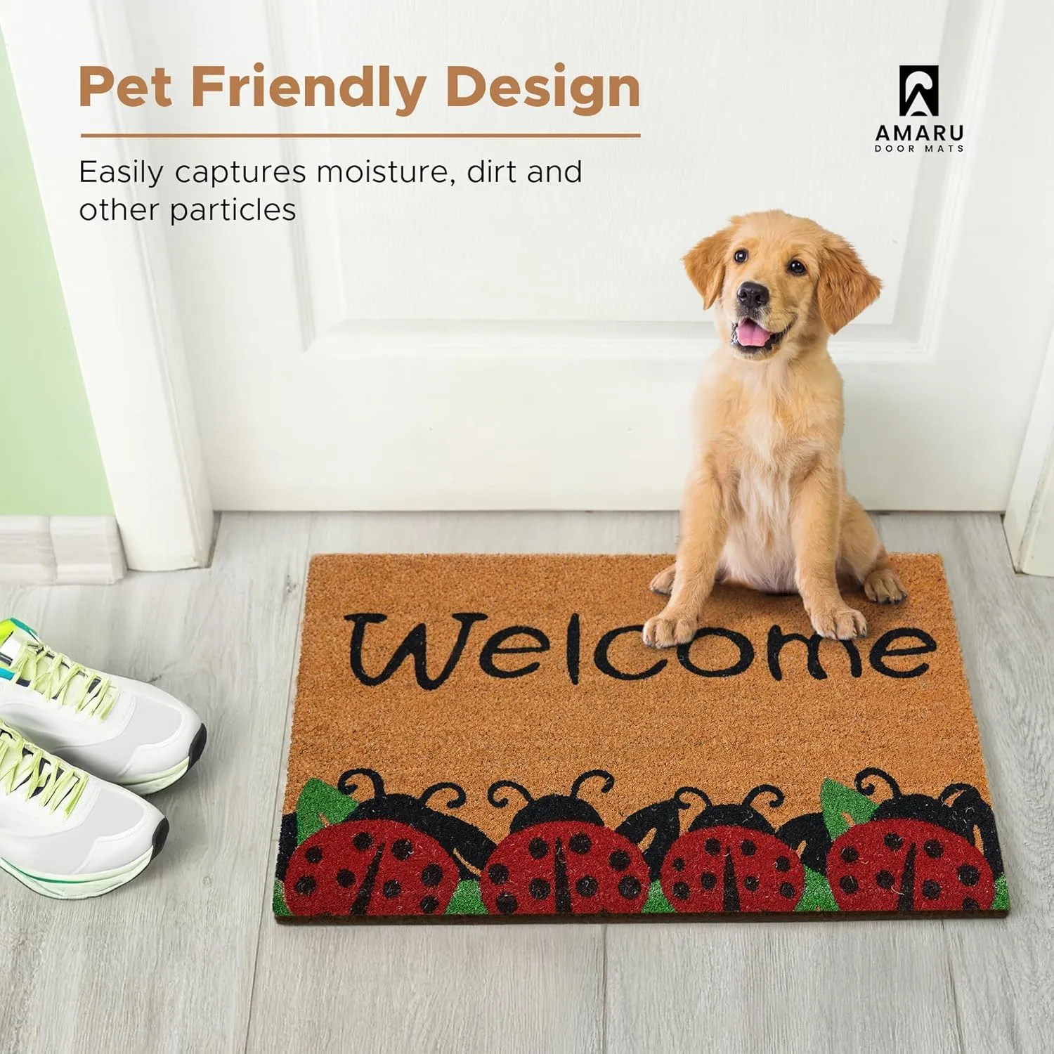 Ladybugs - 29"x17" - Coir Door Mat with Heavy Duty Backing - Welcome Mats for Entryway, Porch - Anti-Slip PVC & Coconut Fiber Surface - Natural Home Accessories, Minimalist Original Design