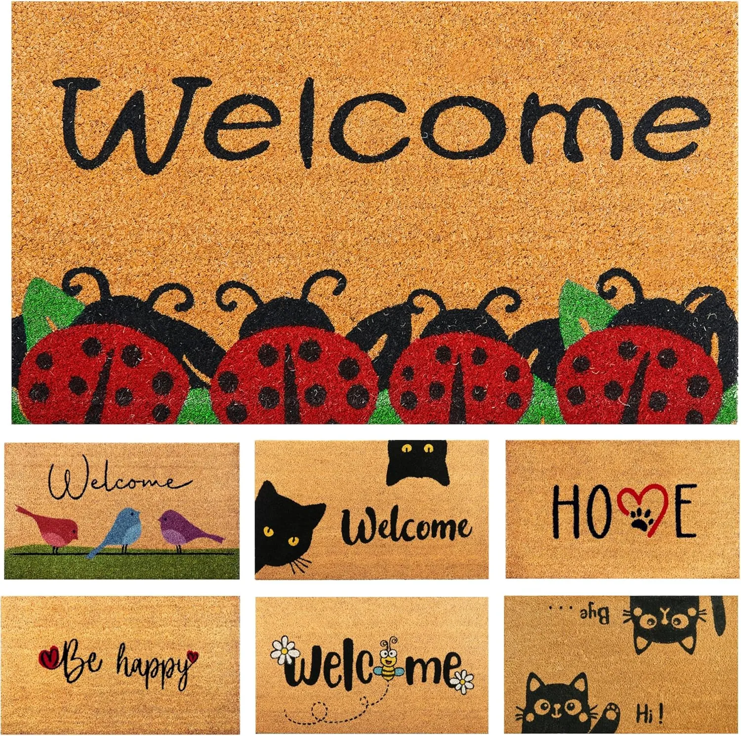Ladybugs - 29"x17" - Coir Door Mat with Heavy Duty Backing - Welcome Mats for Entryway, Porch - Anti-Slip PVC & Coconut Fiber Surface - Natural Home Accessories, Minimalist Original Design