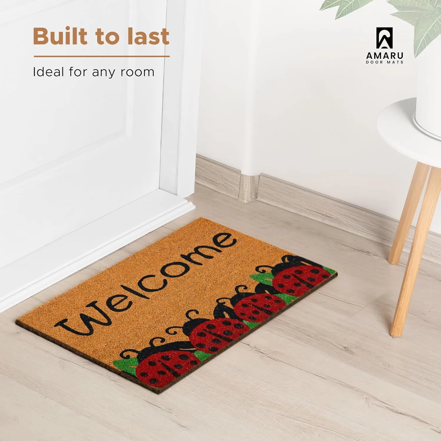 Ladybugs - 29"x17" - Coir Door Mat with Heavy Duty Backing - Welcome Mats for Entryway, Porch - Anti-Slip PVC & Coconut Fiber Surface - Natural Home Accessories, Minimalist Original Design