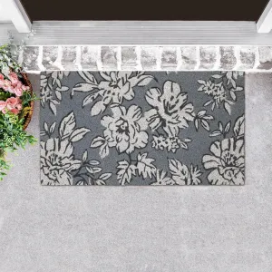 Laura Ashley Slip Resistant Light Blue Iris Floral Design Coir Doormat - 17.5" x 30" - Natural Fiber Mat for Entryway