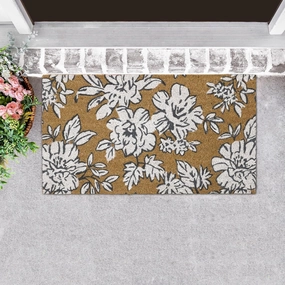 Laura Ashley Slip Resistant Beige Iris Floral Design Coir Doormat - 17.5" x 30" - Natural Fiber Mat for Entryway