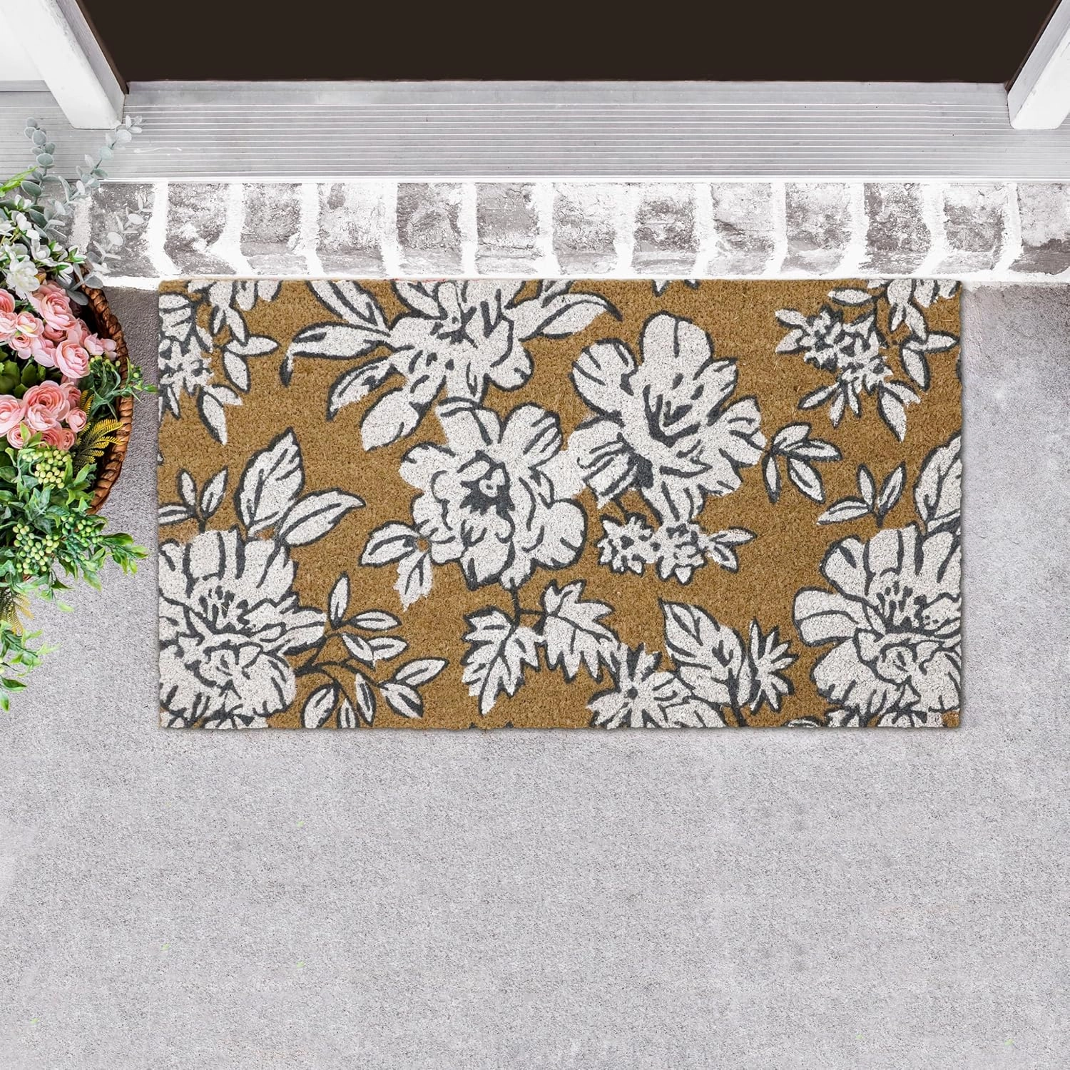 Laura Ashley Slip Resistant Beige Iris Floral Design Coir Doormat - 17.5" x 30" - Natural Fiber Mat for Entryway