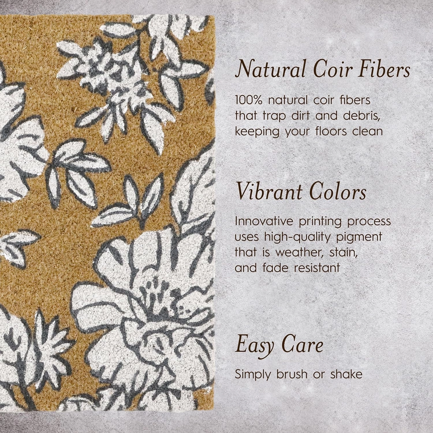 Laura Ashley Slip Resistant Beige Iris Floral Design Coir Doormat - 17.5" x 30" - Natural Fiber Mat for Entryway