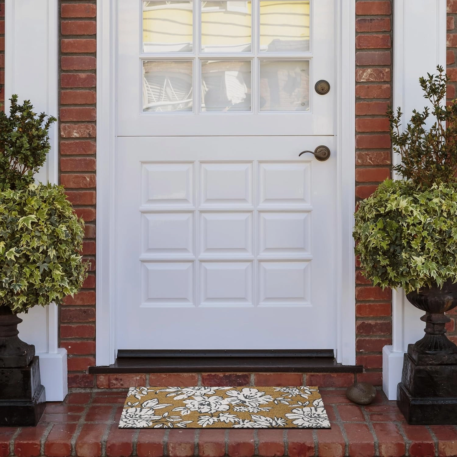 Laura Ashley Slip Resistant Beige Iris Floral Design Coir Doormat - 17.5" x 30" - Natural Fiber Mat for Entryway