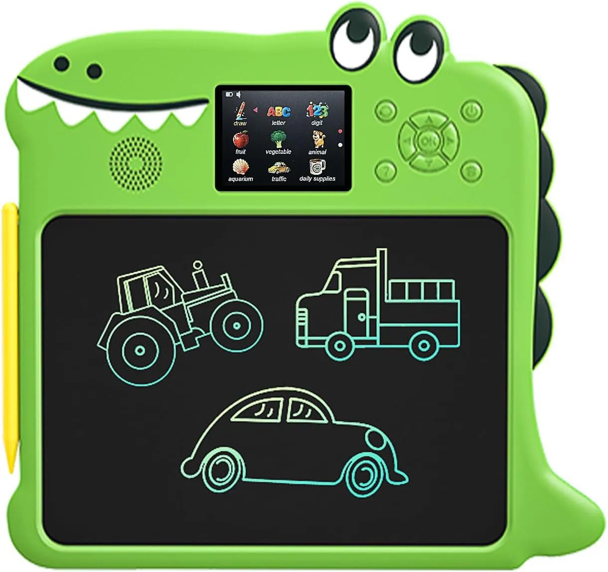 LCD Writing Tablet for Kids Educational Toy, Dinosaur Shaped Doodle Board with Color Drawing Learning Screen & Sound, Reusable Electronic Writing Pad(Green)