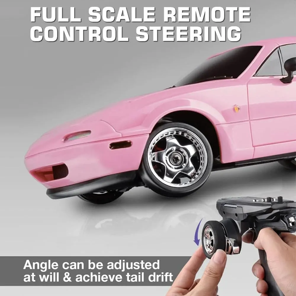 LDRC 1804 RC Drift Car with Gyro LED Lights, 1/18 Scale Mini MX-5 RWD 2.4GHz Full Proportional Control Racing Sport Car Alloy Body for Adults Hobbyists - RTR Version/2 Battery