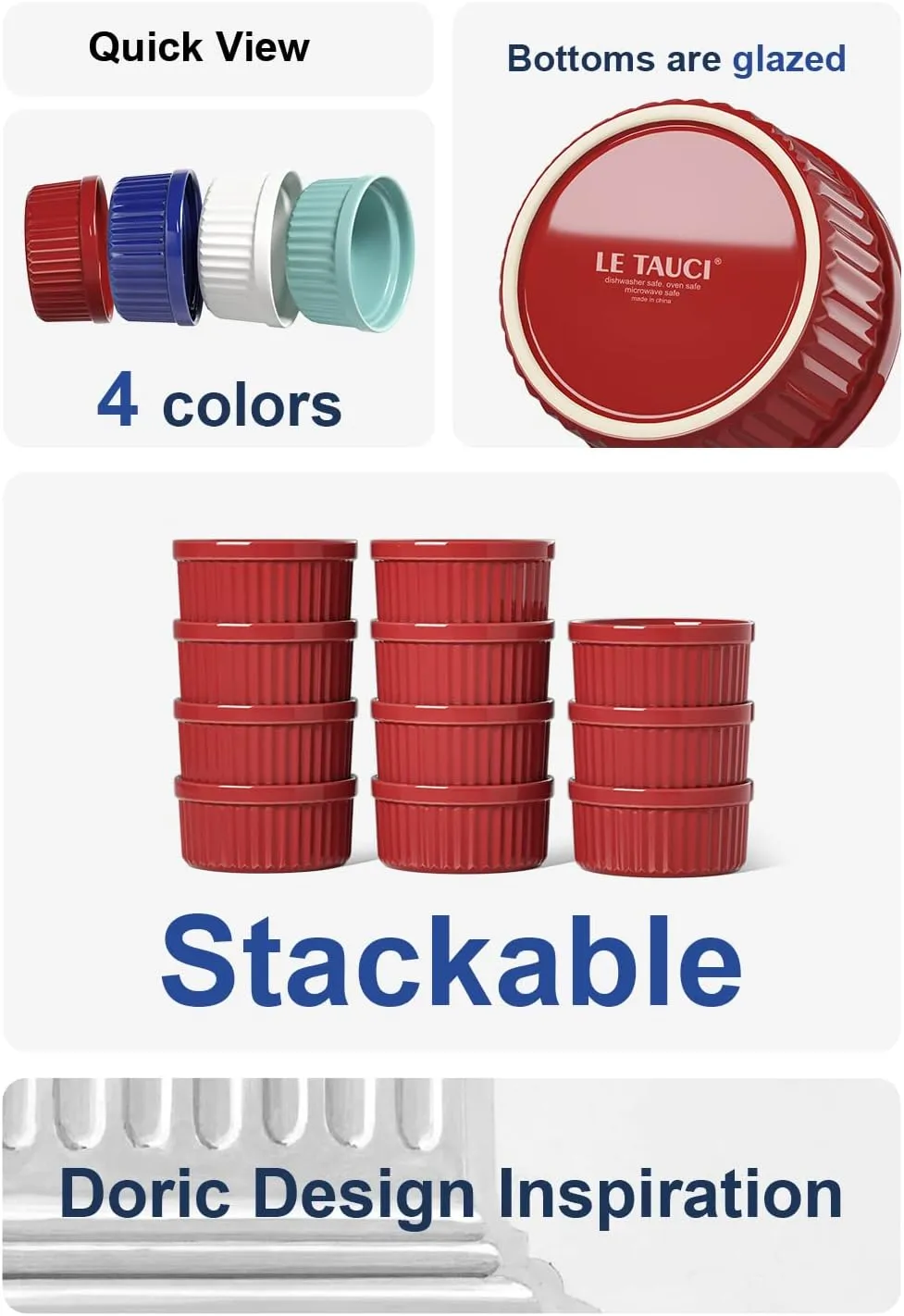 LE TAUCI 8 Oz Ramekins, Creme Brulee Dishes, Porcelain Ramekin Set for Souffle, Dipping Sauces, Pudding, Set of 6, True Red