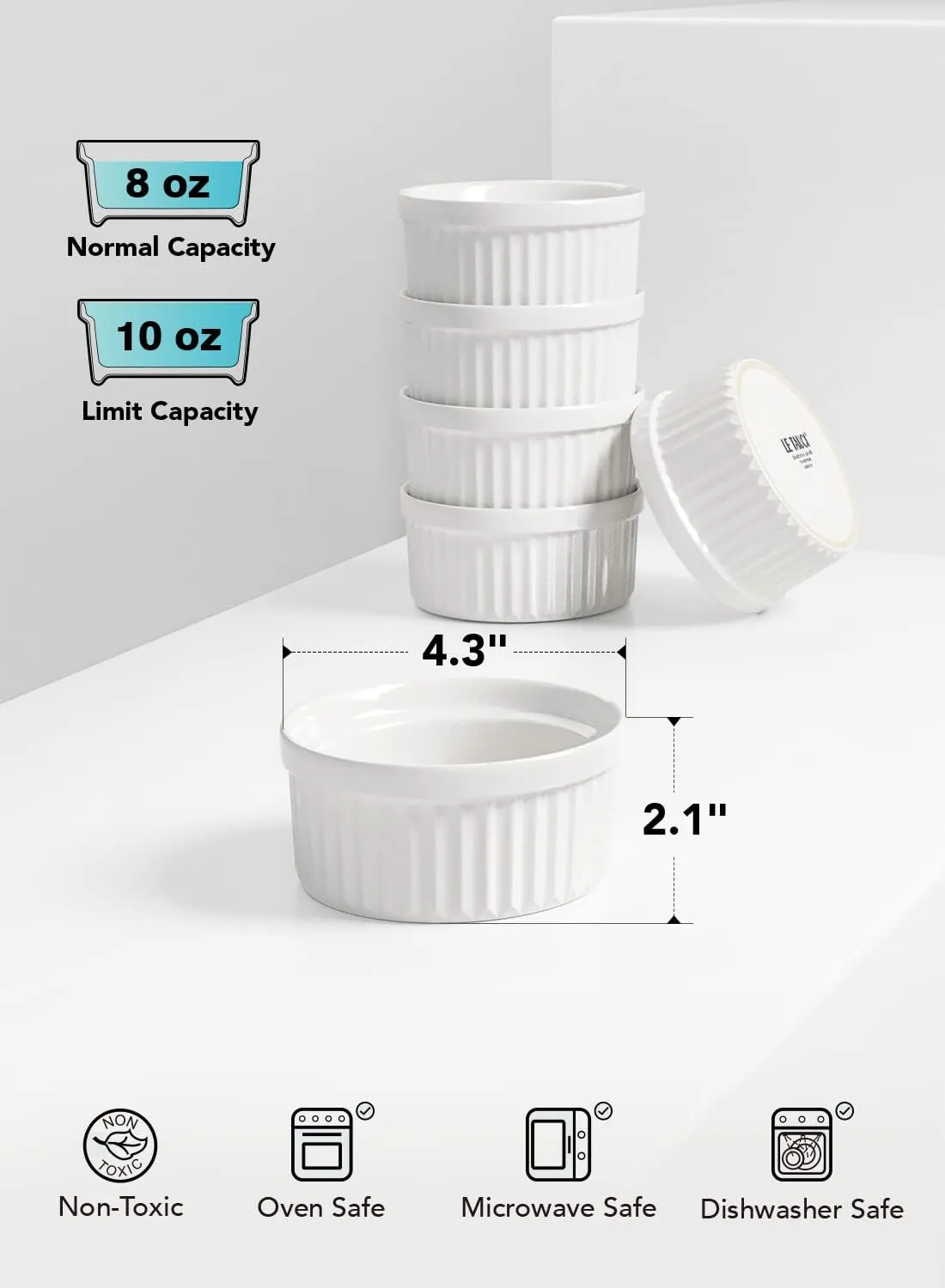 LE TAUCI Ramekins 8 OZ Oven Safe, Creme Brulee Ramekins, Pudding Custard Cups Souffle Ramiken, Dipping Sauce Dishes, Ceramic Ramekin Bowls Set of 6, White