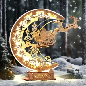 LED 3D Wooden Puzzle Christmas Night Flight Moon Lamp, DIY Craft Kit Festive Nightlight for Holiday Décor, Unique Christmas Gift for Adults and Kids,White