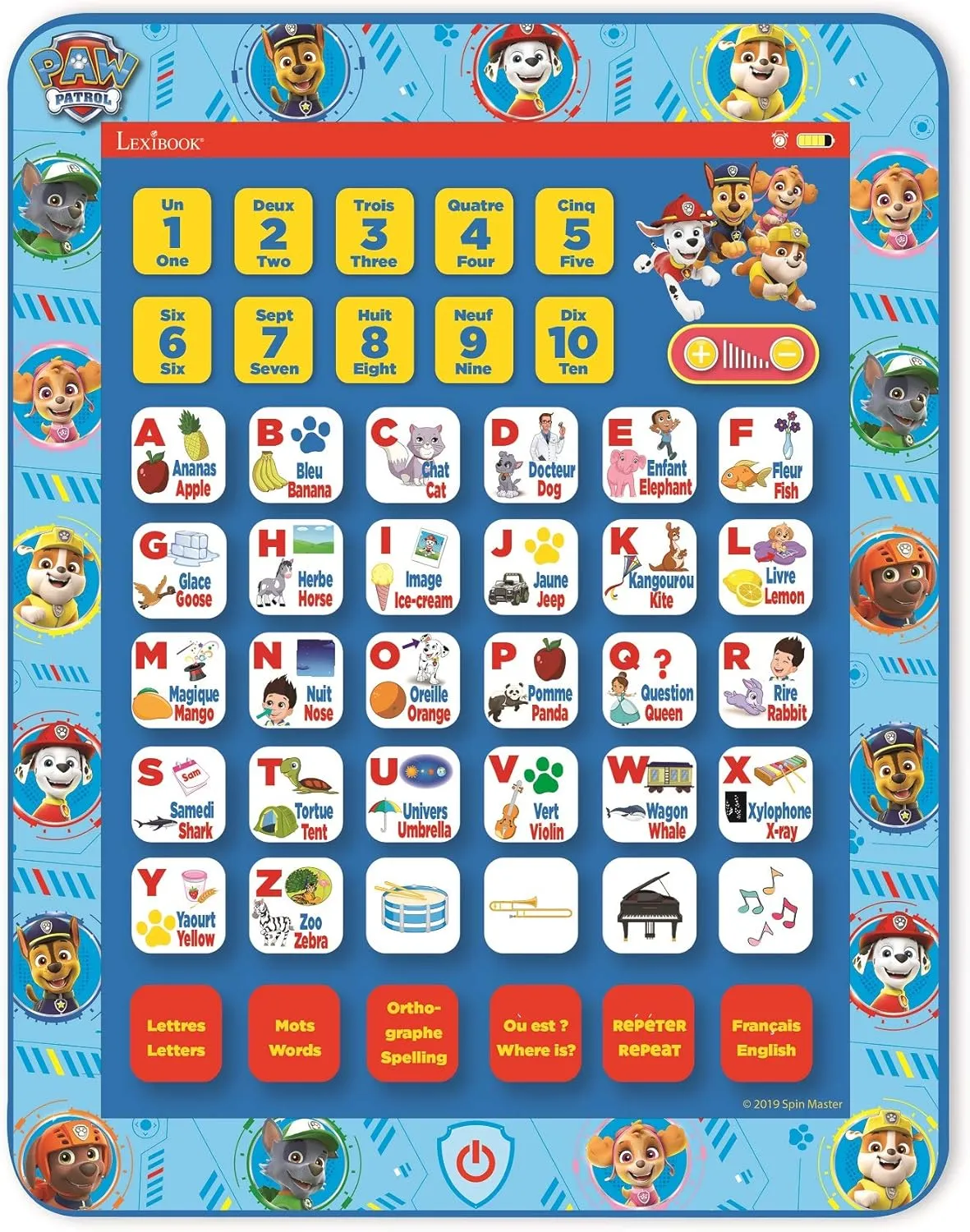 LEXIBOOK Paw Patrol Educational Bilingual Interactive Tablet, Toy to Learn Alphabet Letters Numbers Words Spelling and Music, English/French Languages, Blue, JCPAD002PAi1