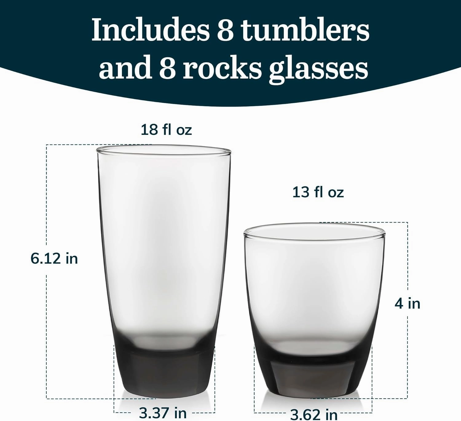 Libbey Classic Rocks and Tumbler Glasses Set of 16, Smoke Hue, Lead-Free Water Glasses , Dishwasher Safe Drinking Glasses Set