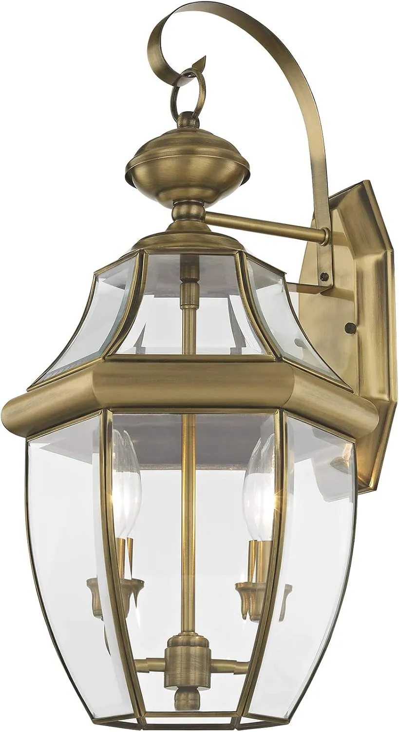 Livex Lighting 2251-01 Monterey 2 Light Outdoor Antique Brass Finish Solid Brass Wall Lantern with Clear Beveled Glass