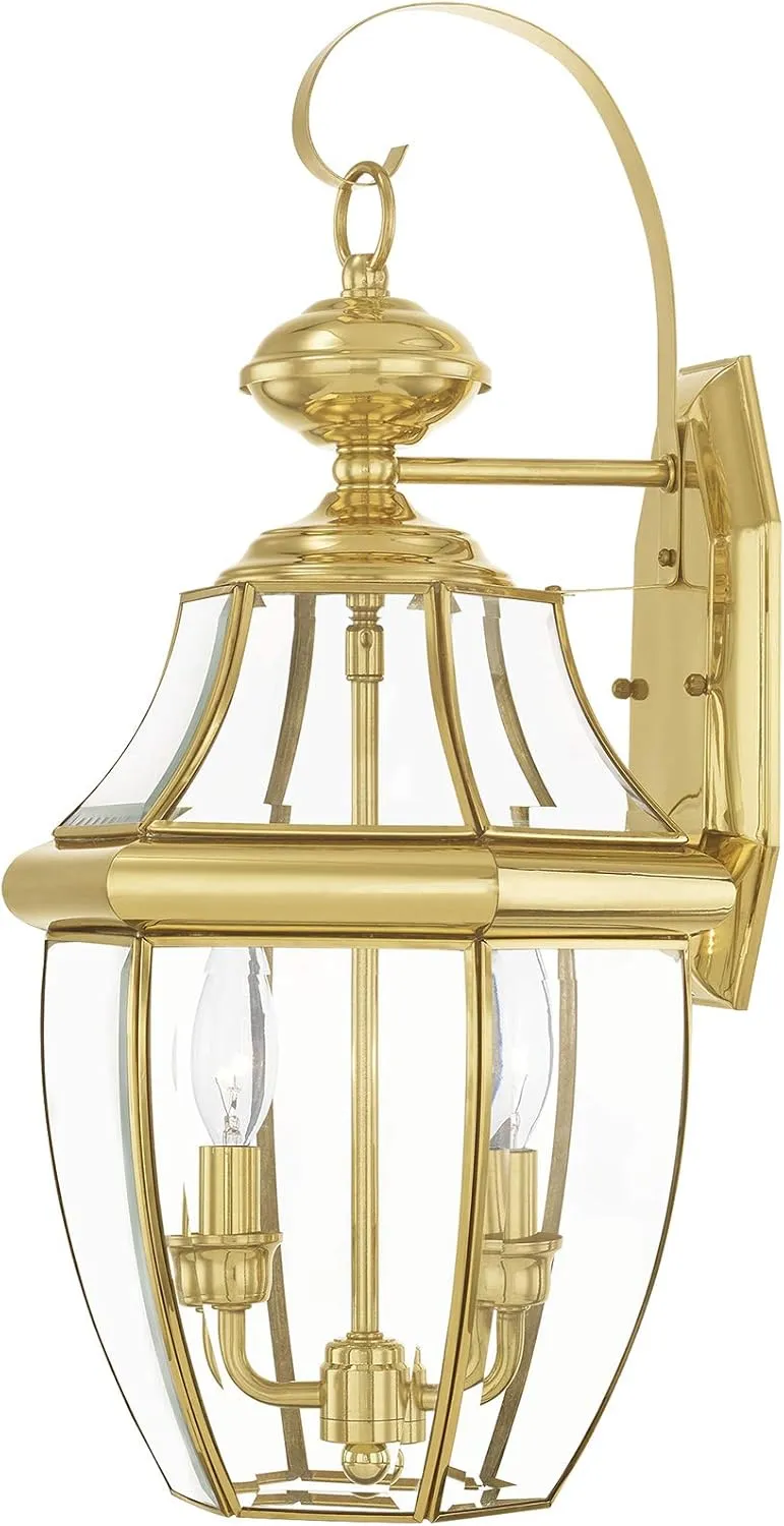 Livex Lighting 2251-02 Monterey 2 Light Outdoor Polished Brass Finish Solid Brass Wall Lantern with Clear Beveled Glass, 20.25" x 10.5" x 10"