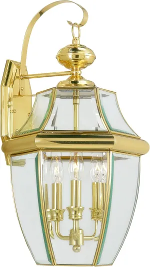 Livex Lighting 2351-02 Monterey 3 Light Outdoor Polished Brass Finish Solid Brass Wall Lantern with Clear Beveled Glass, 22.5" x 12.5" x 11.75"