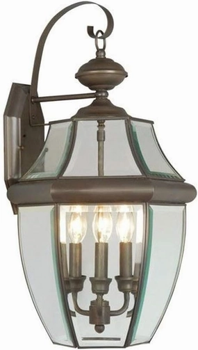 Livex Lighting 2351-07 Monterey 3 Light Outdoor Bronze Finish Solid Brass Wall Lantern with Clear Beveled Glass