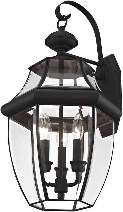 Livex Lighting 2351-07 Monterey 3 Light Outdoor Bronze Finish Solid Brass Wall Lantern with Clear Beveled Glass