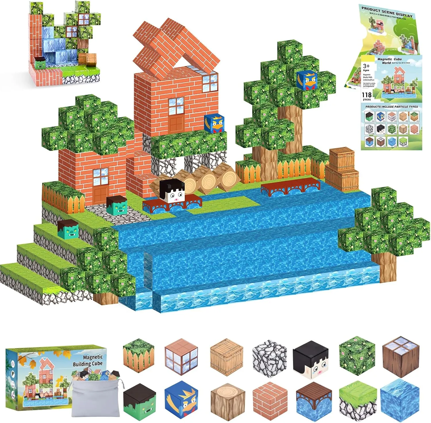 Ludmila 118PCS Magnetic Building Blocks Toy Set - Montessori STEM Toys, Forest House Construction Kit, 1-Inch Magnetic Cube Sensory Tiles for Kids Boys & Girls Ages 3 