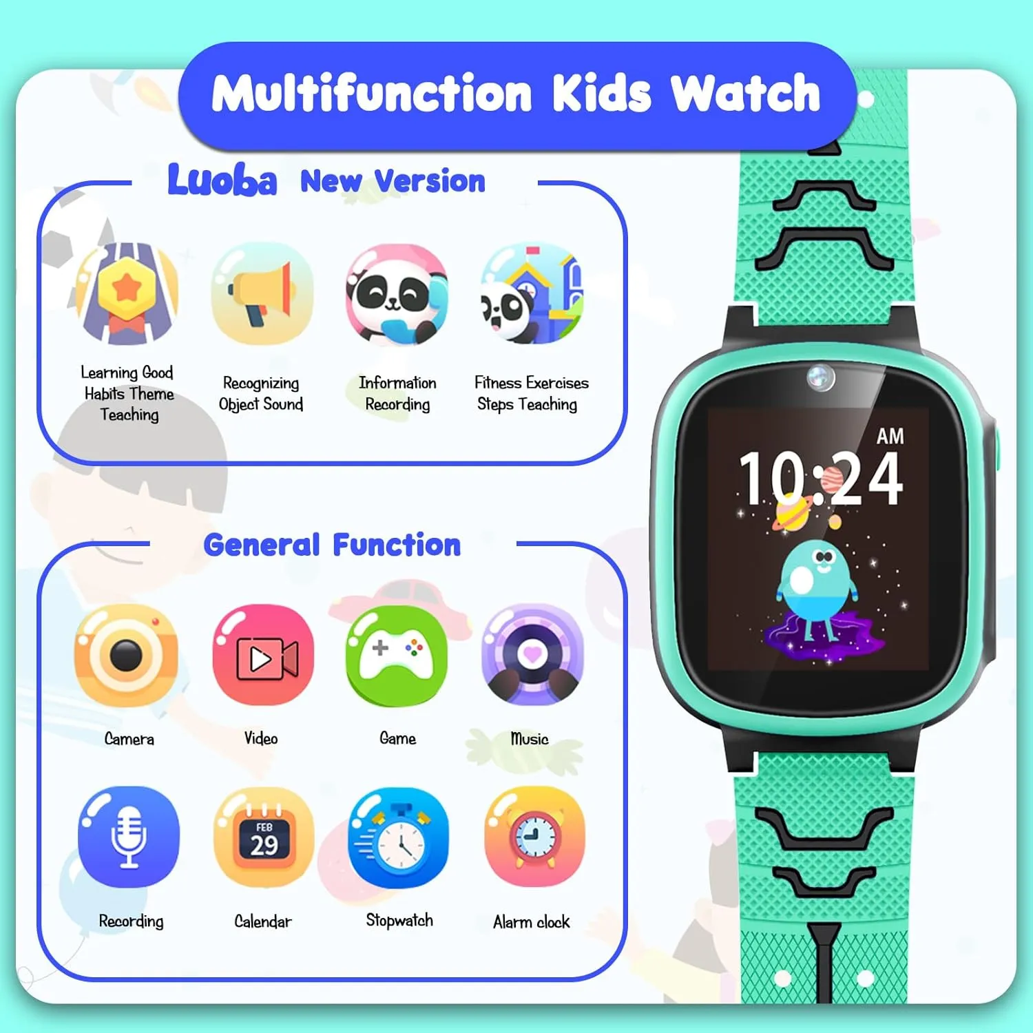 Luoba Smart Watch for Kids, Toys for 3-10 Year Old Boys Girls, 1.44" Kids Watch with 20 Puzzle Games Camera Alarm Educational Learning Toddler Watch Birthday for Boys Girls Age 4 5 6 (Green)