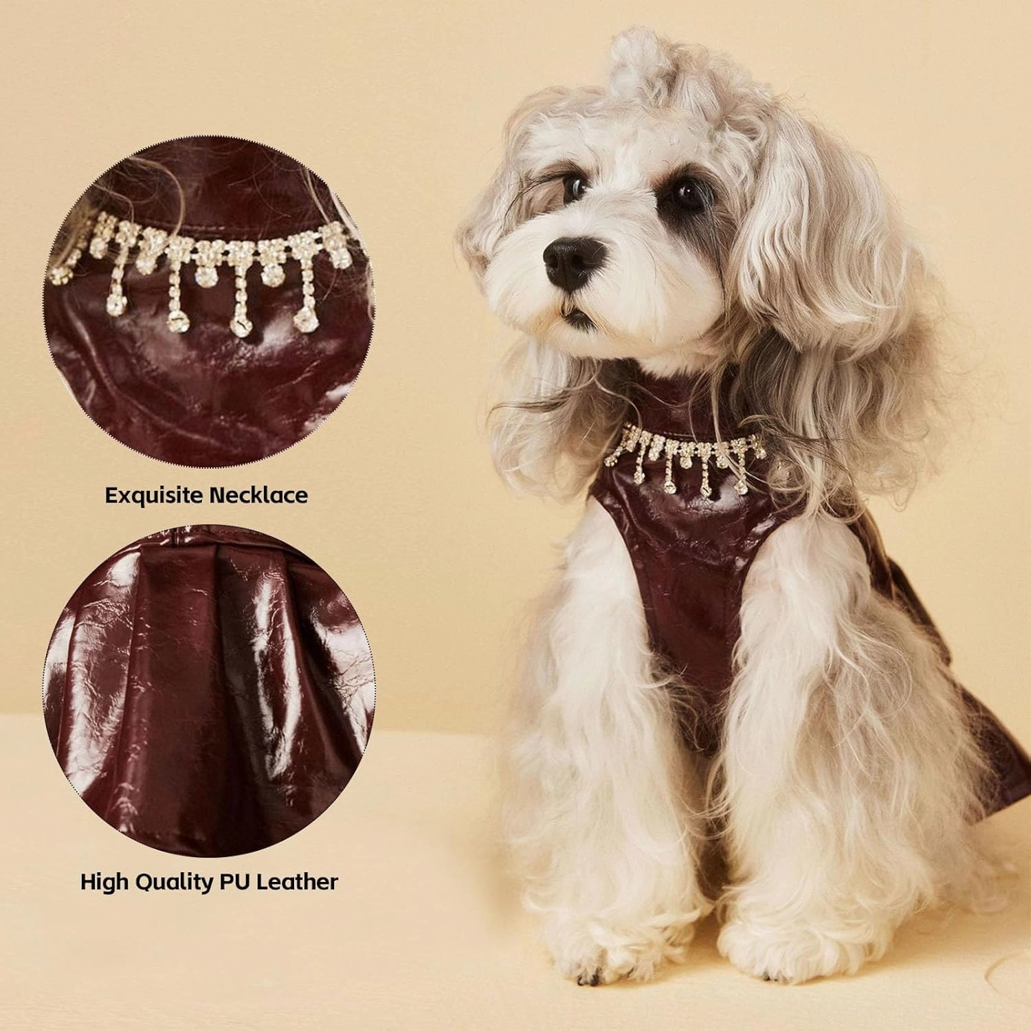 Luxury Dog Dress Girl Puppy Pu Leather Motorcycle Jacket Princess Tutu Skirt with Necklace for Small Pet Birthday Wedding Costume