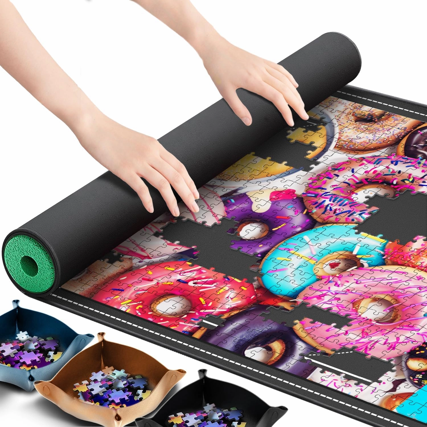 Lwoeo Jigsaw Puzzle Mat Roll Up, No Creases 48” x 30.7” Rubber Saver Pad Up to 2000 Pieces, Black Large Puzzel Matte Rollup with 6 Sorting Trays & 1 Storage Bag. Ideal for Holiday and Birthday