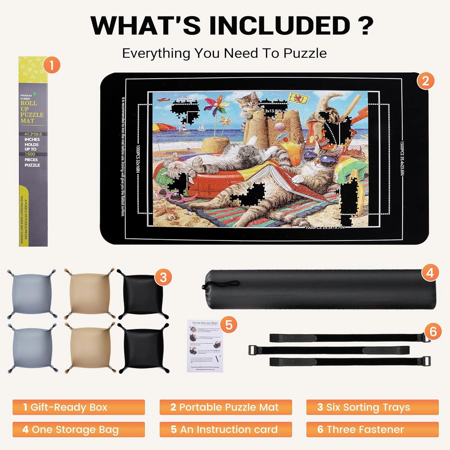 Lwoeo Jigsaw Puzzle Mat Roll Up, No Creases 48” x 30.7” Rubber Saver Pad Up to 2000 Pieces, Black Large Puzzel Matte Rollup with 6 Sorting Trays & 1 Storage Bag. Ideal for Holiday and Birthday