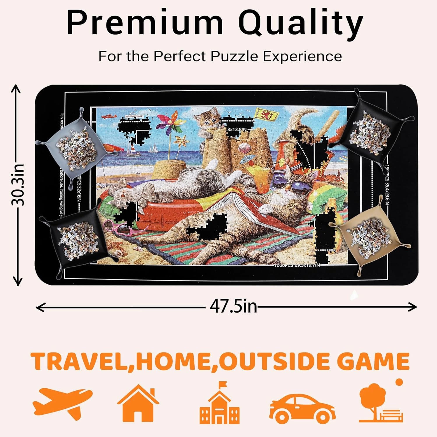 Lwoeo Jigsaw Puzzle Mat Roll Up, No Creases 48” x 30.7” Rubber Saver Pad Up to 2000 Pieces, Black Large Puzzel Matte Rollup with 6 Sorting Trays & 1 Storage Bag. Ideal for Holiday and Birthday