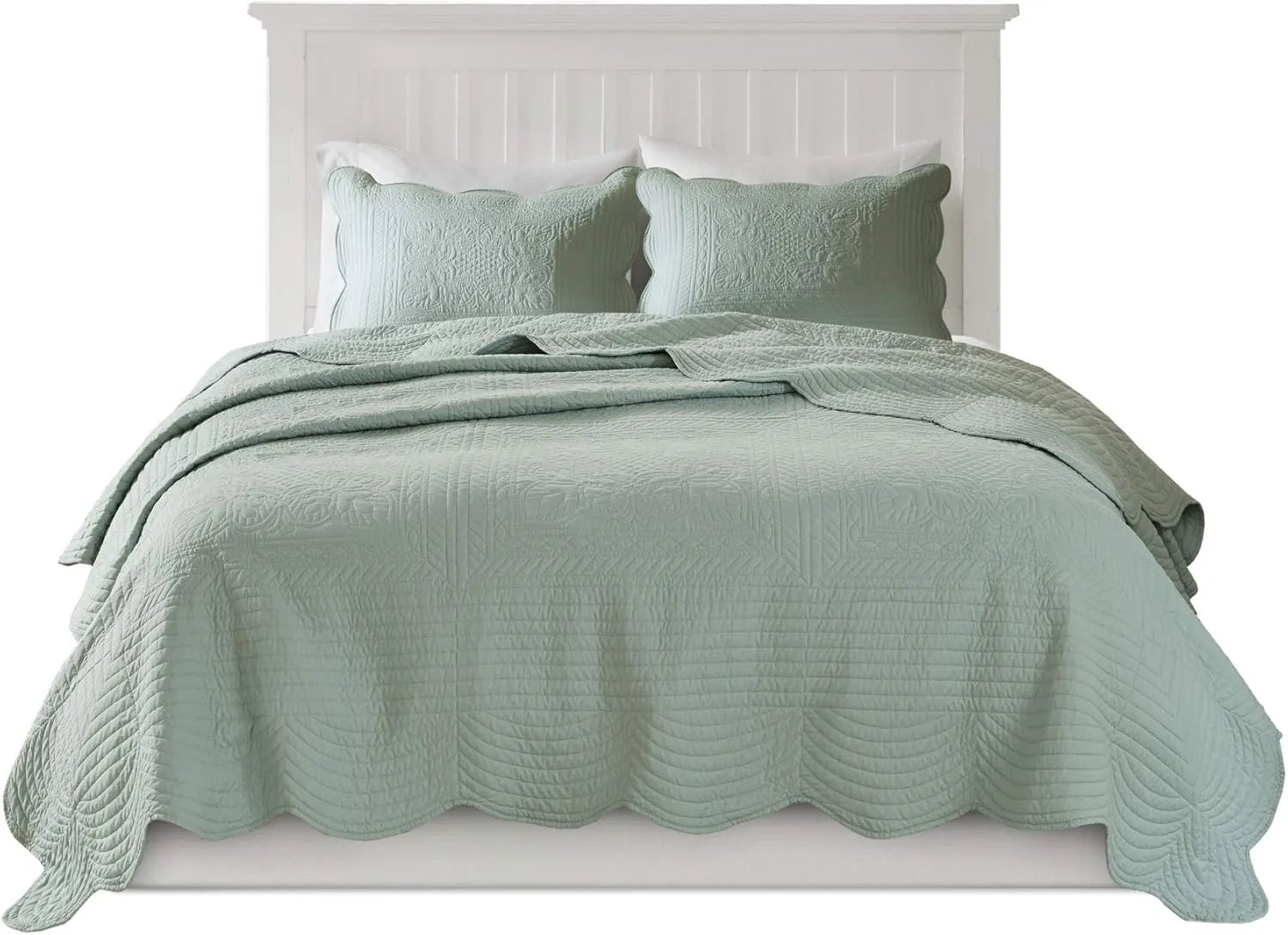 Madison Park Tuscany Quilt Set-Casual Damask Stitching Design Lightweight Coverlet Bedspread Bedding, Shams, King/Cal King(108"x96"), Medallion Seafoam 3 Piece