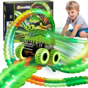 Magic Car Track Set, 154PCS Glow Race Track, Flexible Race Car Tracks, Dinosaur Train Set Glow in The Dark, Race Tracks for Kids Ages 3-8, Toddlers Birthday Gifts, for Kids