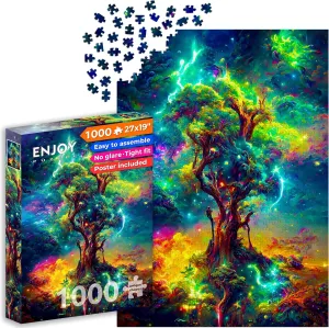 Magical Tree of Life in Space Illustration – 1000 Pieces Jigsaw Puzzle for Adults – Matte Finish, Soft Touch, Easy to Assemble, Tight Fit, Vivid Colors, Missing Pieces Service