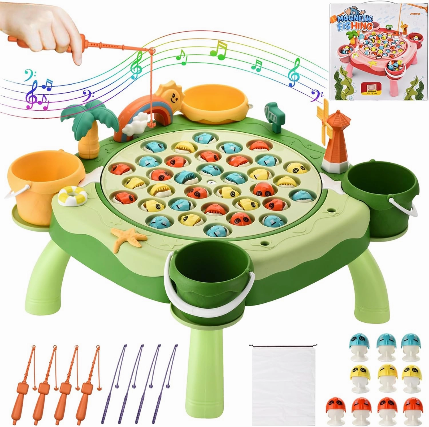 Magnetic Fishing Game - Fishing Toy with 45 Fish, 8 Fishing Poles, 4 Support Feet, Rotating Board, On-Off Music - Classics Fish Toys for Toddlers & Kids Age 3 4 5 6 7 8 and Up (Green)