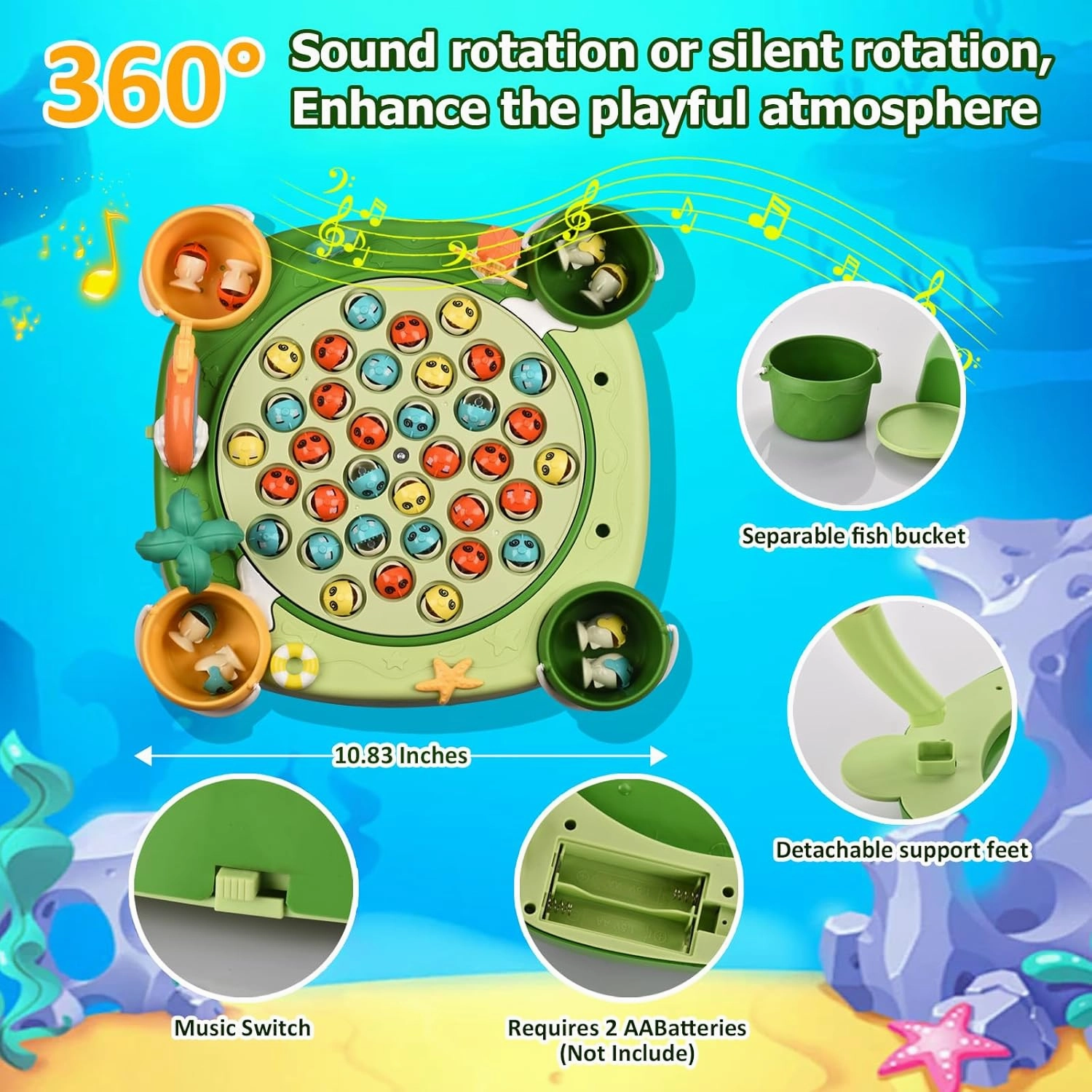 Magnetic Fishing Game - Fishing Toy with 45 Fish, 8 Fishing Poles, 4 Support Feet, Rotating Board, On-Off Music - Classics Fish Toys for Toddlers & Kids Age 3 4 5 6 7 8 and Up (Green)