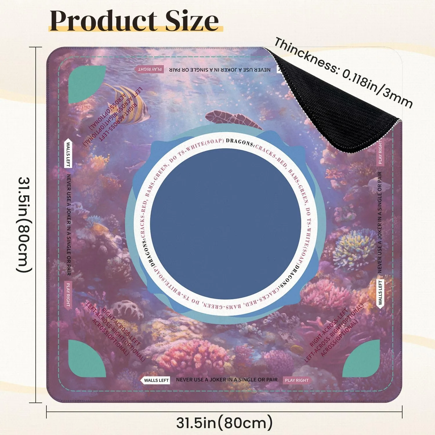 Mahjong Mat for Table Sea Turtle Tropical Fish Coral Blue Ocean Underwater World Natural 31.5" x 31.5" Non-Slip Noise-Reducing Game Mat Premium Mahjong Accessories for Poker Dominoes Board Games
