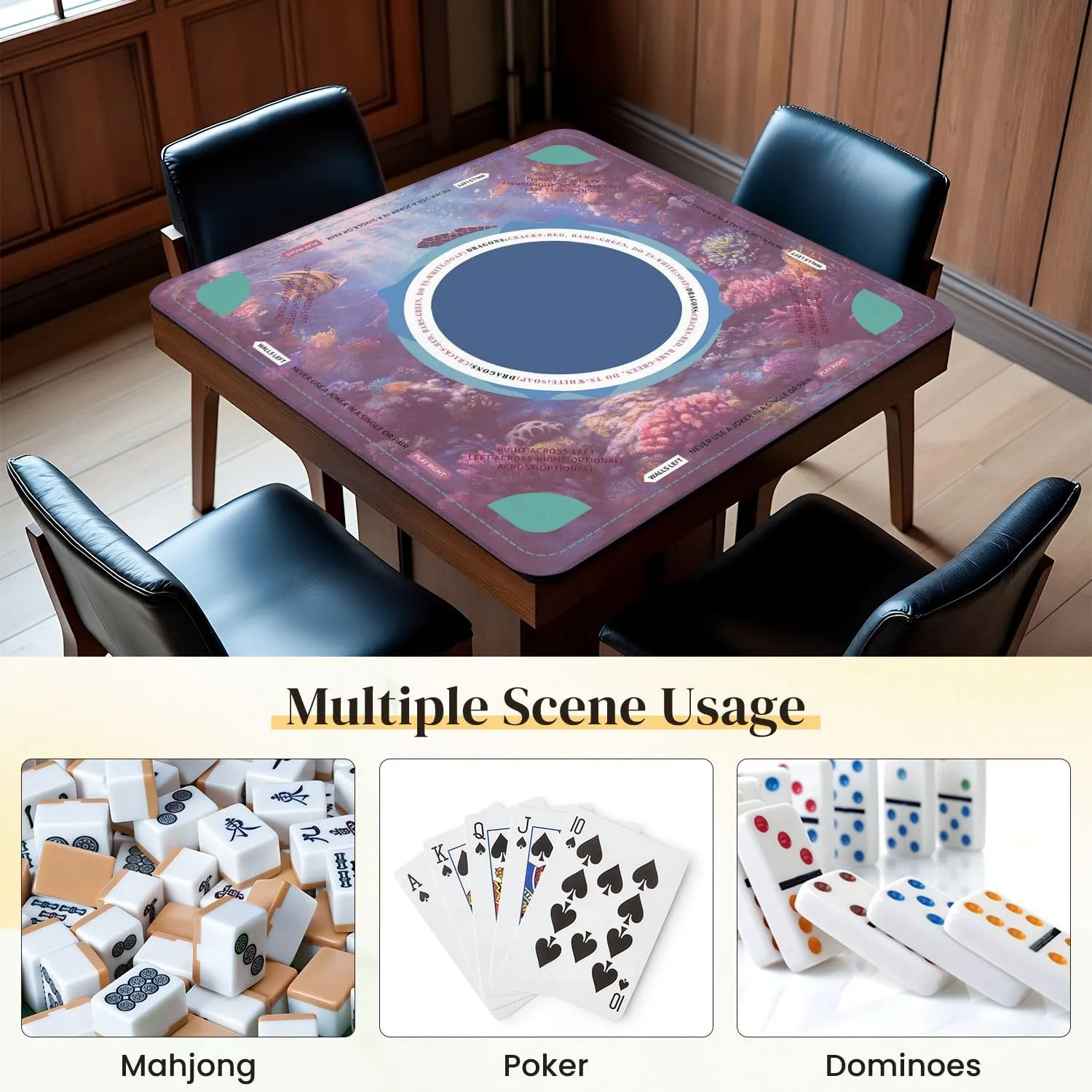 Mahjong Mat for Table Sea Turtle Tropical Fish Coral Blue Ocean Underwater World Natural 31.5" x 31.5" Non-Slip Noise-Reducing Game Mat Premium Mahjong Accessories for Poker Dominoes Board Games