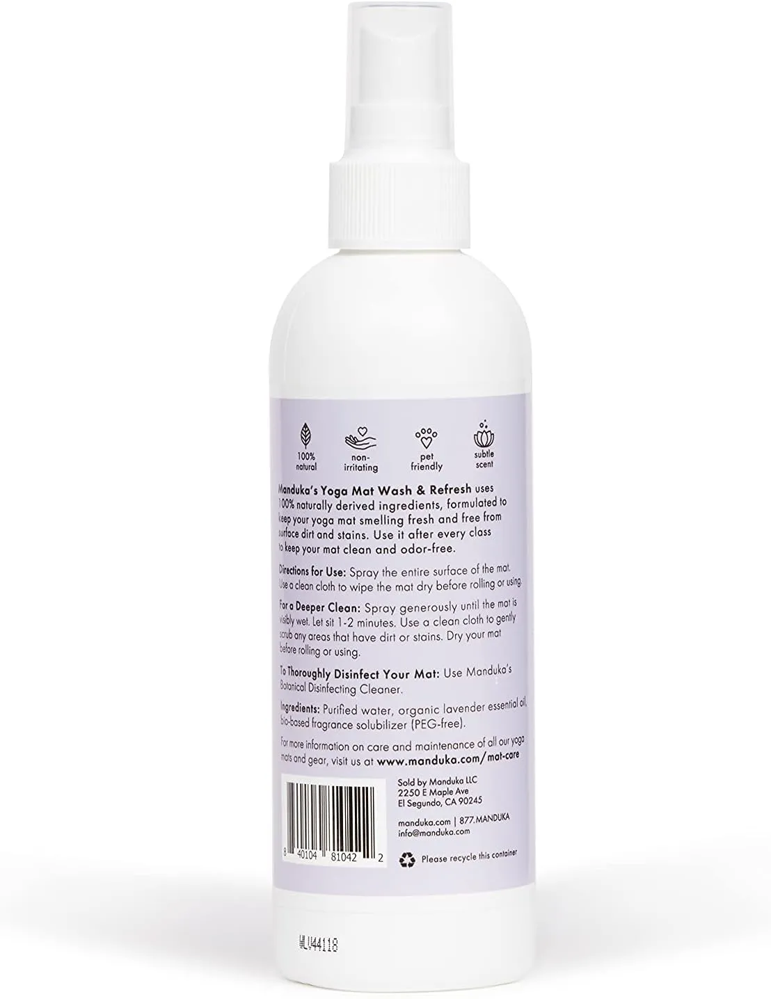 Manduka Yoga Mat Wash and Refresh – 100% Natural Essential Oil Yoga Mat Cleaning Spray, Fitness Equipment and Gym Accessories Cleaner, Non-irritating, Pet Friendly - Lavender Scent, 8 oz