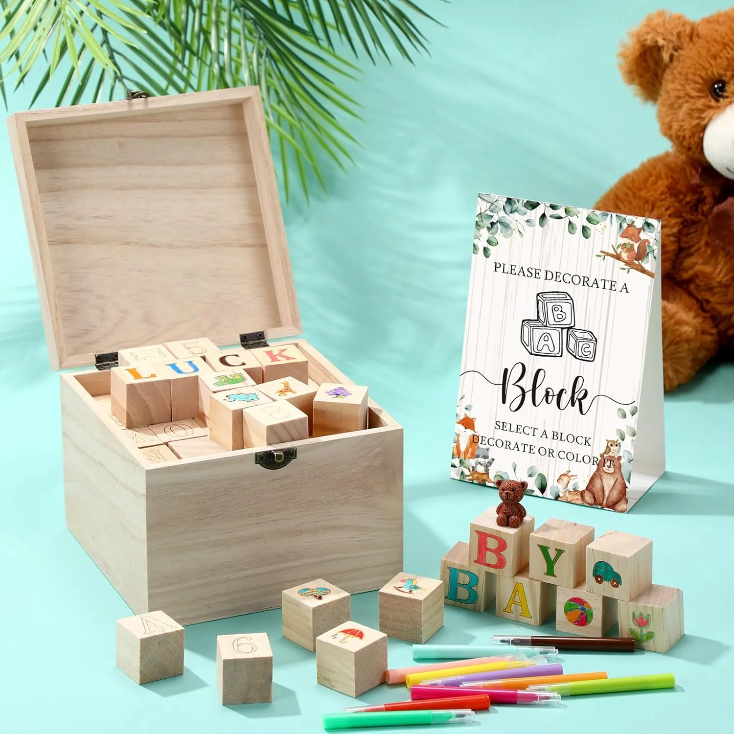 Marsui 136 Pcs Baby Shower Blocks to Decorate Game Kit Includes 98 Wooden Blocks, 36 Markers, 1 Game Sign, 1 Storage Box for Baby Shower Gender Reveal Activity Party Decorations(Land Animal)