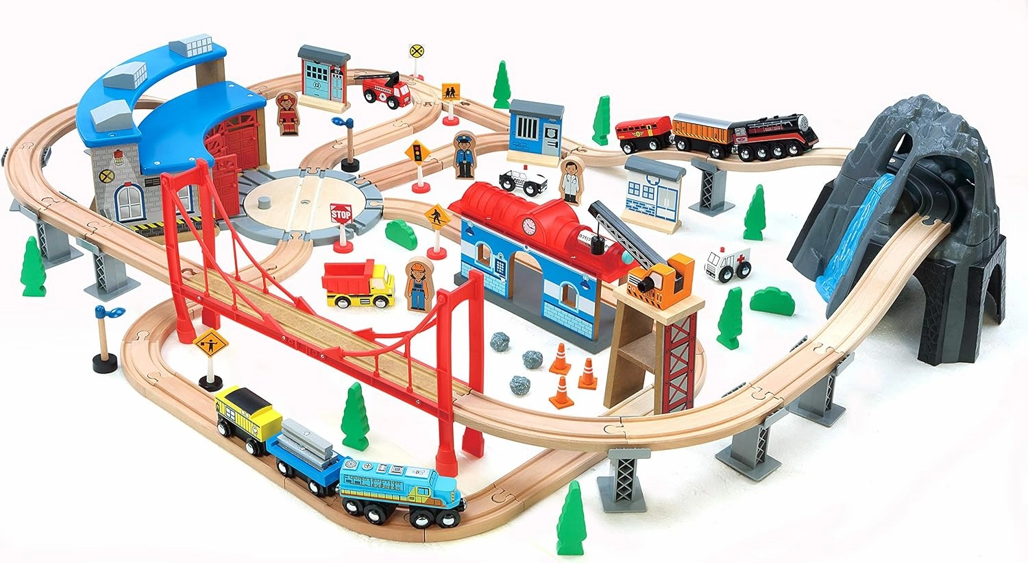 Maxim 100 pc Mountain Wooden Train Set with Roundhouse for Toddler with Double-Side Train Tracks Fits Brio, Thomas, Melissa and Doug, Kids Wood Toy Train for 3,4,5 Year Old Boys and Girls