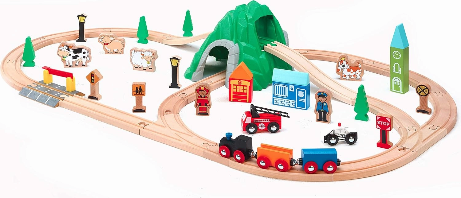 Maxim 50pc Mountain Train Set Set for Toddler with Double-Side Train Tracks Fits Brio, Thomas, Melissa and Doug, Kids Wood Toy Train for 3,4,5 Year Old Boys and Girls