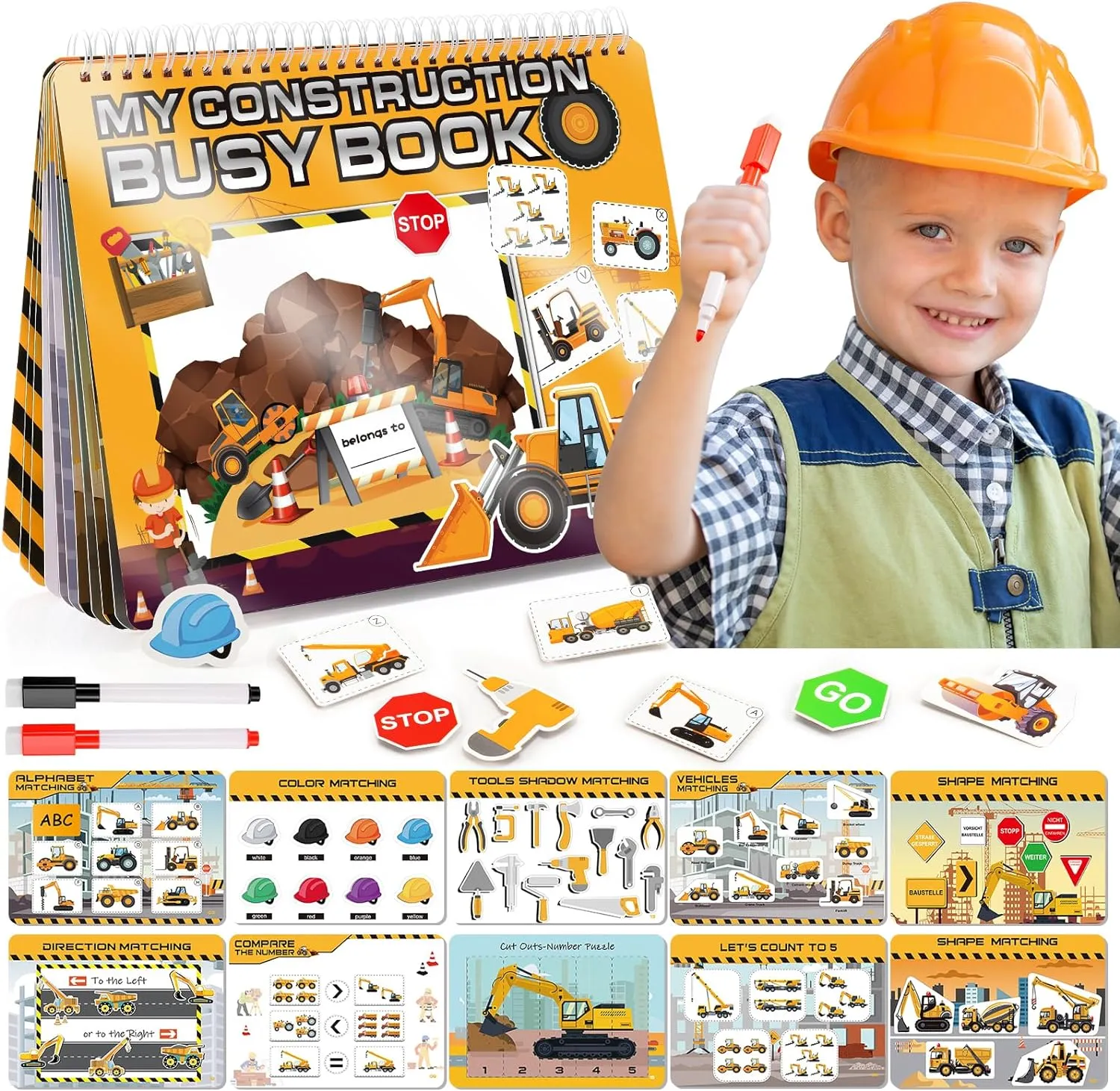 MDINGTD Montessori Busy Book for Toddlers 3-5, Construction Vehicle Sensory Toys with Learning Activities Educational Travel Toys Birthday for Boys Girls, Autism Toddler Toys