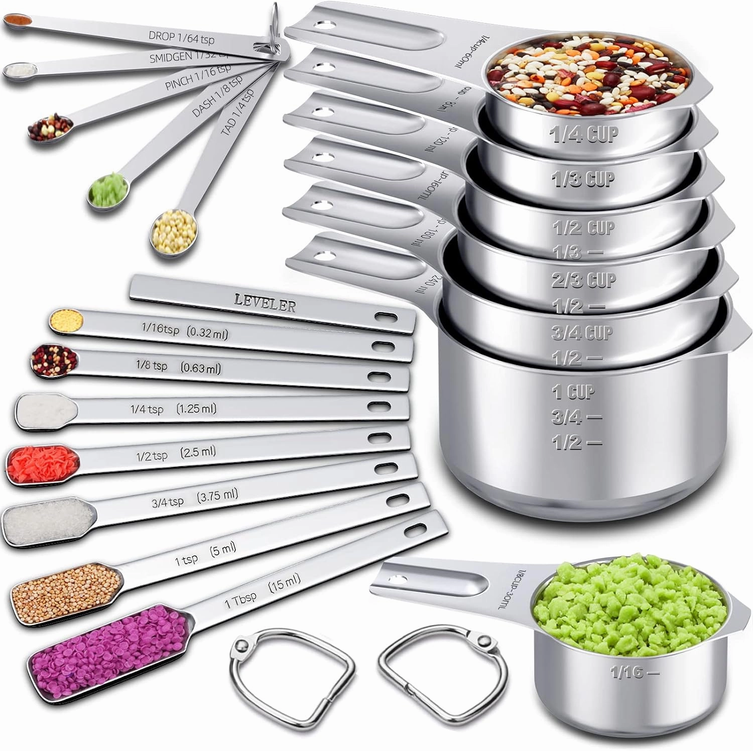 Measuring Cups and Spoons Set of 20, 7 Stainless Steel Nesting Measuring Cups & 7 Spoons, 1   Leveler & 5 Mini Measuring Spoons for Cooking & Baking