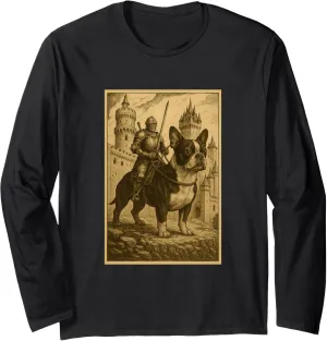 Medieval Knight Riding Boston Terrier Dog Surreal Pet Rider Long Sleeve T-Shirt
