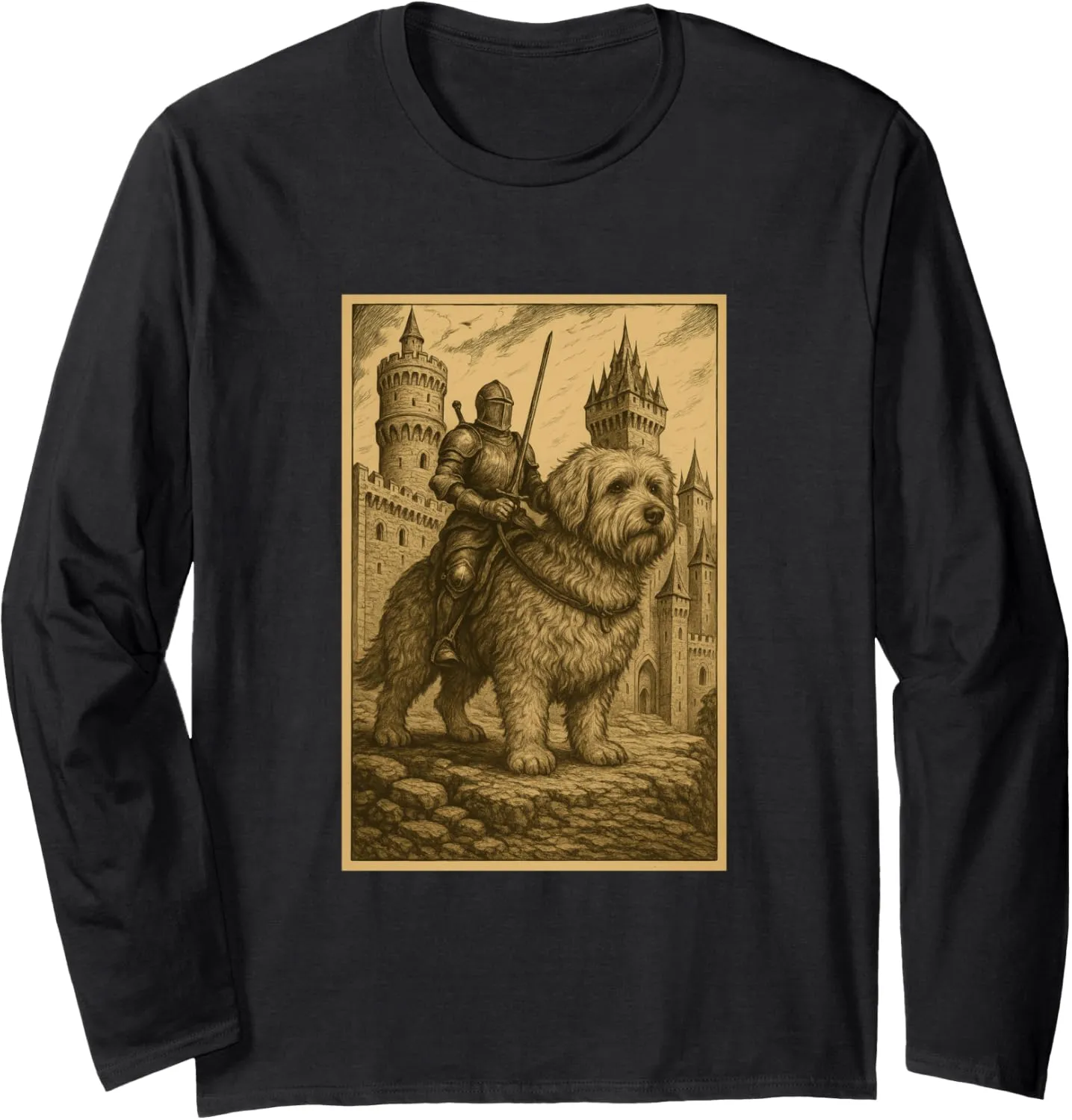 Medieval Knight Riding Goldendoodle Dog Surreal Pet Rider Long Sleeve T-Shirt