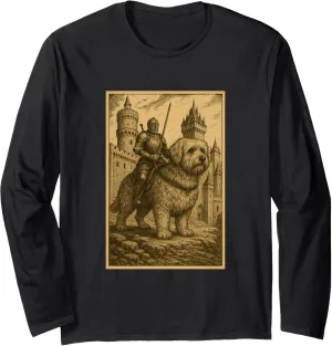 Medieval Knight Riding Goldendoodle Dog Surreal Pet Rider Long Sleeve T-Shirt