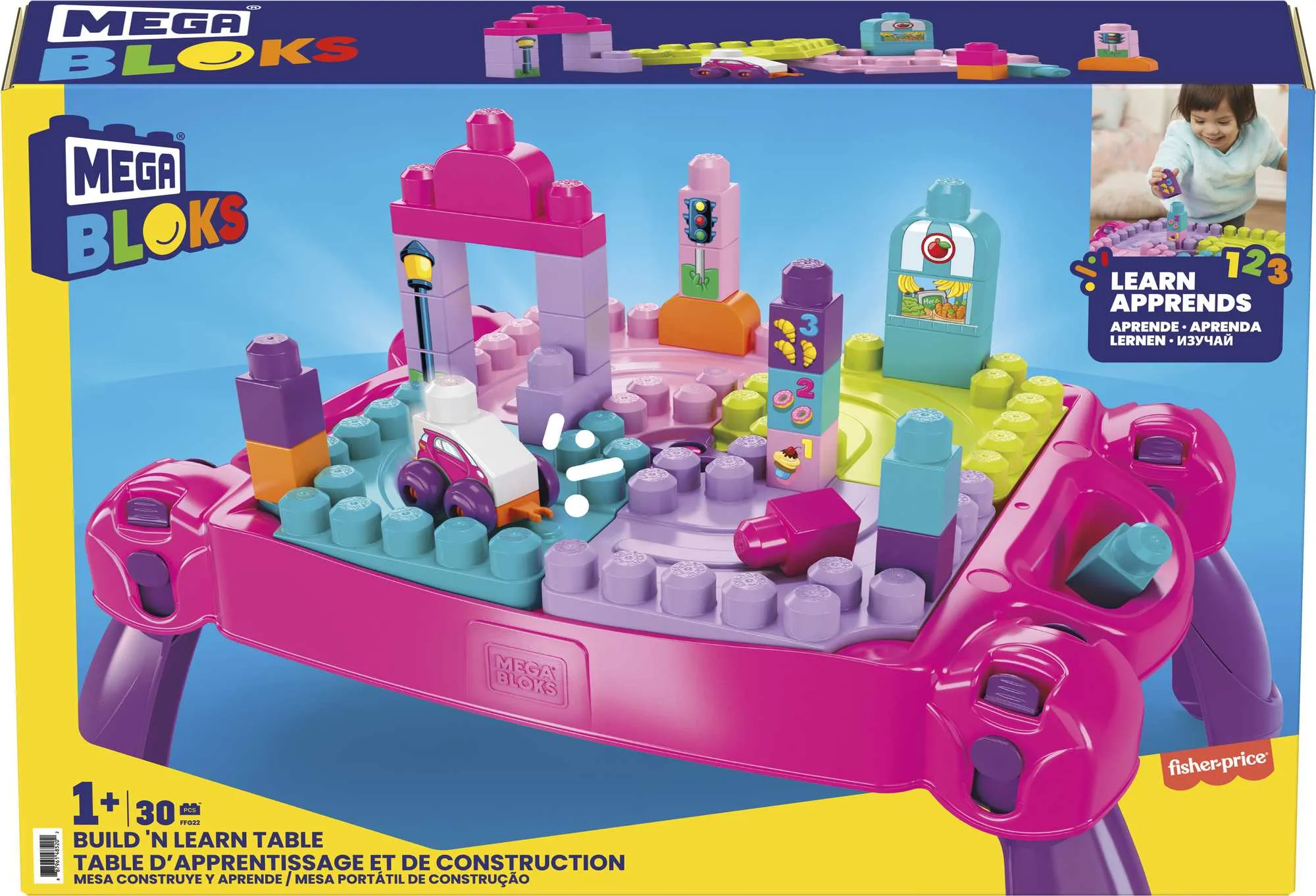 Mega Bloks Toy Blocks Blue Build N Learn Table With Storage (30 Pieces) For Toddler